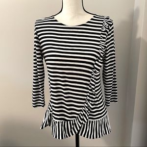 J Crew Black & White 3/4 Sleeved Tee w/ Ruffle